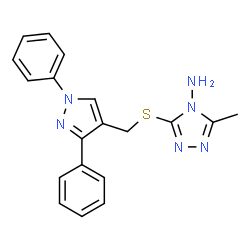 ChemSpider 2D Image | 3-{[(1,3-Diphenyl-1H-pyrazol-4-yl)methyl]sulfanyl}-5-methyl-4H-1,2,4-triazol-4-amine | C19H18N6S