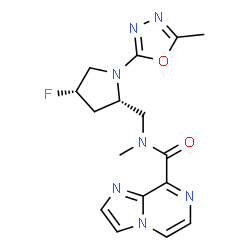 ChemSpider 2D Image | N-{[(2S,4S)-4-Fluoro-1-(5-methyl-1,3,4-oxadiazol-2-yl)-2-pyrrolidinyl]methyl}-N-methylimidazo[1,2-a]pyrazine-8-carboxamide | C16H18FN7O2