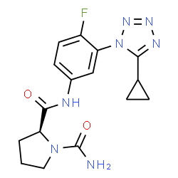 ChemSpider 2D Image | (2S)-N~2~-[3-(5-Cyclopropyl-1H-tetrazol-1-yl)-4-fluorophenyl]-1,2-pyrrolidinedicarboxamide | C16H18FN7O2