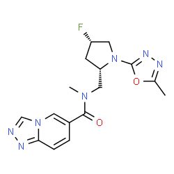 ChemSpider 2D Image | N-{[(2S,4S)-4-Fluoro-1-(5-methyl-1,3,4-oxadiazol-2-yl)-2-pyrrolidinyl]methyl}-N-methyl[1,2,4]triazolo[4,3-a]pyridine-6-carboxamide | C16H18FN7O2
