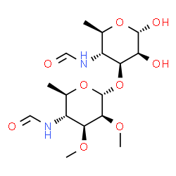 ChemSpider 2D Image | 4,6-Dideoxy-3-O-(4,6-dideoxy-4-formamido-2,3-di-O-methyl-alpha-D-mannopyranosyl)-4-formamido-alpha-D-mannopyranose | C16H28N2O9