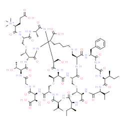 ChemSpider 2D Image | (2S)-1-{[(1S,4S,10S,13R,16S,19S,22S,25S,28S,34S,37S,40R,43S,46S,49S,52R,55S,58S,65S,70S)-34-Benzyl-19,28-di[(2S)-2-butanyl]-58-carboxy-10-[(R)-carboxy(hydroxy)methyl]-4-[(1R)-1-hydroxyethyl]-46-(hydro
xymethyl)-16,25-diisopropyl-49,55,65,70-tetramethyl-3,6,9,12,15,18,21,24,27,30,33,36,39,42,45,48,51,56-octadecaoxo-54,66,69-trithia-2,5,8,11,14,17,20,23,26,29,32,35,38,41,44,47,50,57,63-nonadecaazatet
racyclo[35.18.9.3~13,43~.3~22,40~]heptacont-52-yl]amino}-4-carboxy-N,N,N-trimethyl-1-oxo-2-butanaminium | C87H138N21O28S3