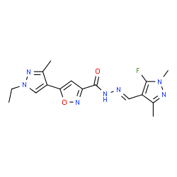ChemSpider 2D Image | 5-(1-Ethyl-3-methyl-1H-pyrazol-4-yl)-N'-[(E)-(5-fluoro-1,3-dimethyl-1H-pyrazol-4-yl)methylene]-1,2-oxazole-3-carbohydrazide | C16H18FN7O2