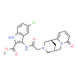 ChemSpider 2D Image | Methyl 5-chloro-3-({[(9S)-6-oxo-7,11-diazatricyclo[7.3.1.0~2,7~]trideca-2,4-dien-11-yl]acetyl}amino)-1H-indole-2-carboxylate | C23H23ClN4O4