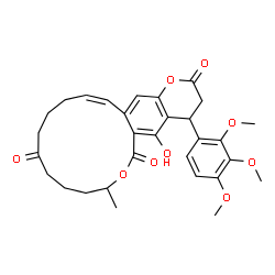 ChemSpider 2D Image | (16Z)-5-Hydroxy-8-methyl-4-(2,3,4-trimethoxyphenyl)-4,8,9,10,11,13,14,15-octahydro-2H,6H-oxacyclotetradecino[3,4-g]chromene-2,6,12(3H)-trione | C30H34O9