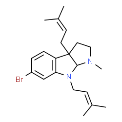 ChemSpider 2D Image | 6-Bromo-1-methyl-3a,8-bis(3-methyl-2-buten-1-yl)-1,2,3,3a,8,8a-hexahydropyrrolo[2,3-b]indole | C21H29BrN2