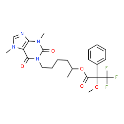 ChemSpider 2D Image | 6-(3,7-Dimethyl-2,6-dioxo-2,3,6,7-tetrahydro-1H-purin-1-yl)-2-hexanyl 3,3,3-trifluoro-2-methoxy-2-phenylpropanoate | C23H27F3N4O5