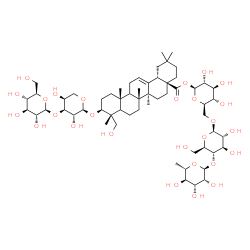 ChemSpider 2D Image | 6-Deoxy-alpha-L-mannopyranosyl-(1->4)-beta-D-glucopyranosyl-(1->6)-1-O-[(3beta,5xi,9xi)-3-{[3-O-(beta-D-glucopyranosyl)-alpha-L-arabinopyranosyl]oxy}-23-hydroxy-28-oxoolean-12-en-28-yl]-beta-D-glucopy
ranose | C59H96O27