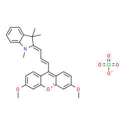 ChemSpider 2D Image | 3,6-Dimethoxy-9-[(1E,3Z)-3-(1,3,3-trimethyl-1,3-dihydro-2H-indol-2-ylidene)-1-propen-1-yl]xanthenium perchlorate | C29H28ClNO7