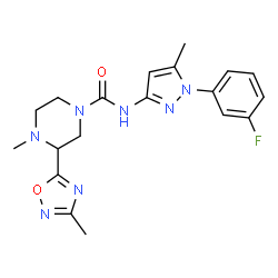 ChemSpider 2D Image | N-[1-(3-Fluorophenyl)-5-methyl-1H-pyrazol-3-yl]-4-methyl-3-(3-methyl-1,2,4-oxadiazol-5-yl)-1-piperazinecarboxamide | C19H22FN7O2