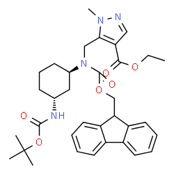 ChemSpider 2D Image | Ethyl 5-({[(9H-fluoren-9-ylmethoxy)carbonyl][(1R,3R)-3-({[(2-methyl-2-propanyl)oxy]carbonyl}amino)cyclohexyl]amino}methyl)-1-methyl-1H-pyrazole-4-carboxylate | C34H42N4O6