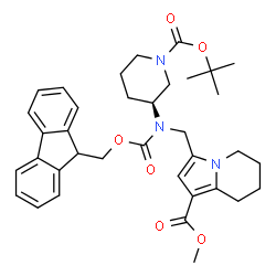 ChemSpider 2D Image | Methyl 3-({[(9H-fluoren-9-ylmethoxy)carbonyl][(3S)-1-{[(2-methyl-2-propanyl)oxy]carbonyl}-3-piperidinyl]amino}methyl)-5,6,7,8-tetrahydro-1-indolizinecarboxylate | C36H43N3O6