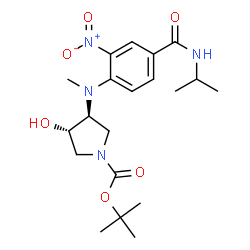 ChemSpider 2D Image | 2-Methyl-2-propanyl (3S,4S)-3-hydroxy-4-{[4-(isopropylcarbamoyl)-2-nitrophenyl](methyl)amino}-1-pyrrolidinecarboxylate | C20H30N4O6