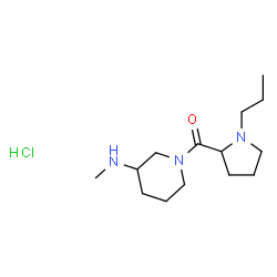ChemSpider 2D Image | [3-(Methylamino)-1-piperidinyl](1-propyl-2-pyrrolidinyl)methanone hydrochloride (1:1) | C14H28ClN3O