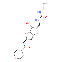 ChemSpider 2D Image | (1S,6R)-1,4:3,6-Dianhydro-6-{[(cyclobutylcarbamoyl)amino]methyl}-2-deoxy-1-[2-(4-morpholinyl)-2-oxoethyl]-D-arabino-hexitol | C18H29N3O6