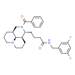 ChemSpider 2D Image | 4-[(1R,3aS,10aR,10bS)-2-Benzoyldecahydro-1H,4H-pyrido[3,2,1-ij][1,6]naphthyridin-1-yl]-N-(3,5-difluorobenzyl)butanamide | C29H35F2N3O2