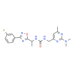 ChemSpider 2D Image | 1-{[2-(Dimethylamino)-6-methyl-4-pyrimidinyl]methyl}-3-{1-[3-(3-fluorophenyl)-1,2,4-oxadiazol-5-yl]ethyl}urea | C19H22FN7O2