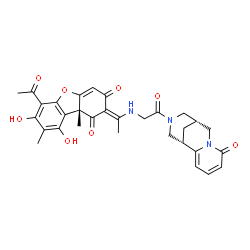 ChemSpider 2D Image | (2E,9bR)-6-Acetyl-7,9-dihydroxy-8,9b-dimethyl-2-[1-({2-oxo-2-[(1S,9R)-6-oxo-7,11-diazatricyclo[7.3.1.0~2,7~]trideca-2,4-dien-11-yl]ethyl}amino)ethylidene]dibenzo[b,d]furan-1,3(2H,9bH)-dione | C31H31N3O8