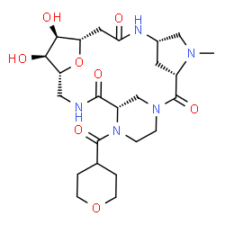 ChemSpider 2D Image | (3S,6S,10S,11R,12S,13R,17S)-11,12-Dihydroxy-4-methyl-18-(tetrahydro-2H-pyran-4-ylcarbonyl)-22-oxa-1,4,7,15,18-pentaazatetracyclo[15.3.1.1~3,6~.1~10,13~]tricosane-2,8,16-trione | C24H37N5O8