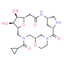 ChemSpider 2D Image | (3S,6S,10S,11R,12S,13R,17R)-15-(Cyclopropylcarbonyl)-11,12-dihydroxy-18,22-dioxa-1,4,7,15-tetraazatetracyclo[15.3.1.1~3,6~.1~10,13~]tricosane-2,8-dione | C21H32N4O7