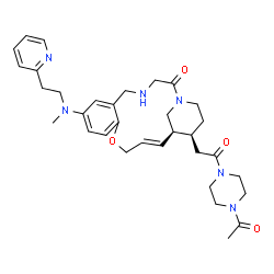 ChemSpider 2D Image | (14E,16S,17S)-17-[2-(4-Acetyl-1-piperazinyl)-2-oxoethyl]-8-{methyl[2-(2-pyridinyl)ethyl]amino}-12-oxa-1,4-diazatricyclo[14.3.1.0~6,11~]icosa-6,8,10,14-tetraen-2-one | C33H44N6O4