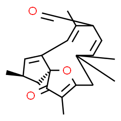 ChemSpider 2D Image | (1R,3R,6E,9Z)-3,7,11,11,14-Pentamethyl-16-oxatricyclo[11.2.1.0~1,5~]hexadeca-4,6,9,13-tetraene-8,15-dione | C20H24O3