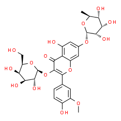 ChemSpider 2D Image | 3-(beta-D-Galactopyranosyloxy)-5-hydroxy-2-(4-hydroxy-3-methoxyphenyl)-4-oxo-4H-chromen-7-yl 6-deoxy-alpha-L-allopyranoside | C28H32O16