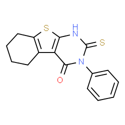 ChemSpider 2D Image | 3-Phenyl-2-thioxo-2,3,5,6,7,8-hexahydro[1]benzothieno[2,3-d]pyrimidin-4(1H)-one | C16H14N2OS2