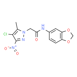ChemSpider 2D Image | N-(1,3-Benzodioxol-5-yl)-2-(4-chloro-5-methyl-3-nitro-1H-pyrazol-1-yl)acetamide | C13H11ClN4O5