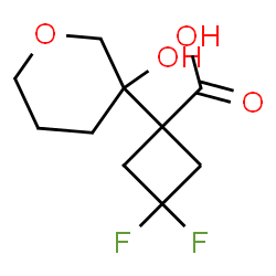 ChemSpider 2D Image | 3,3-Difluoro-1-(3-hydroxytetrahydro-2H-pyran-3-yl)cyclobutanecarboxylic acid | C10H14F2O4