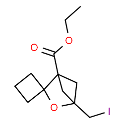 ChemSpider 2D Image | Ethyl 4-(iodomethyl)-3-oxaspiro[bicyclo[2.1.1]hexane-2,1'-cyclobutane]-1-carboxylate | C12H17IO3