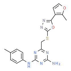 ChemSpider 2D Image | 6-({[5-(2-Methyl-3-furyl)-1,3,4-oxadiazol-2-yl]sulfanyl}methyl)-N-(4-methylphenyl)-1,3,5-triazine-2,4-diamine | C18H17N7O2S
