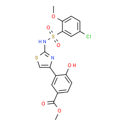 ChemSpider 2D Image | Methyl 3-(2-{[(5-chloro-2-methoxyphenyl)sulfonyl]amino}-1,3-thiazol-4-yl)-4-hydroxybenzoate | C18H15ClN2O6S2