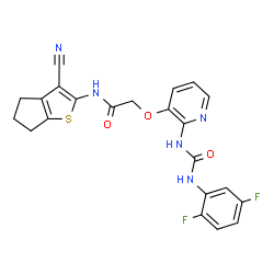 ChemSpider 2D Image | N-(3-Cyano-5,6-dihydro-4H-cyclopenta[b]thiophen-2-yl)-2-[(2-{[(2,5-difluorophenyl)carbamoyl]amino}-3-pyridinyl)oxy]acetamide | C22H17F2N5O3S