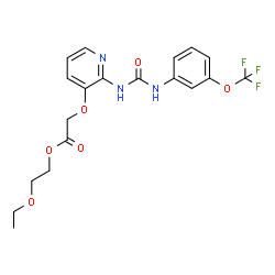 ChemSpider 2D Image | 2-Ethoxyethyl {[2-({[3-(trifluoromethoxy)phenyl]carbamoyl}amino)-3-pyridinyl]oxy}acetate | C19H20F3N3O6