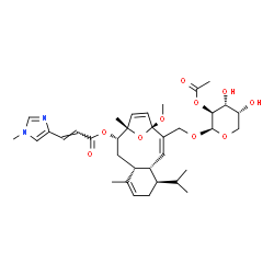 ChemSpider 2D Image | (1S,2S,4R,8R,9S,10Z,12R)-11-{[(2-O-Acetyl-beta-D-arabinopyranosyl)oxy]methyl}-8-isopropyl-12-methoxy-1,5-dimethyl-15-oxatricyclo[10.2.1.0~4,9~]pentadeca-5,10,13-trien-2-yl (2E)-3-(1-methyl-1H-imidazol
-4-yl)acrylate | C35H48N2O10