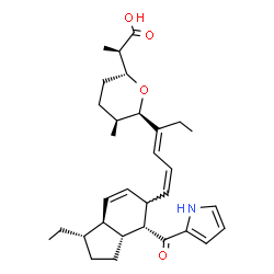 ChemSpider 2D Image | (2R)-2-[(2R,5S,6R)-6-{(3E,5Z)-6-[(1S,3aR,4R,7aS)-1-Ethyl-4-(1H-pyrrol-2-ylcarbonyl)-2,3,3a,4,5,7a-hexahydro-1H-inden-5-yl]-3,5-hexadien-3-yl}-5-methyltetrahydro-2H-pyran-2-yl]propanoic acid | C31H43NO4