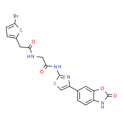 ChemSpider 2D Image | N~2~-[(5-Bromo-2-thienyl)acetyl]-N-[4-(2-oxo-2,3-dihydro-1,3-benzoxazol-6-yl)-1,3-thiazol-2-yl]glycinamide | C18H13BrN4O4S2
