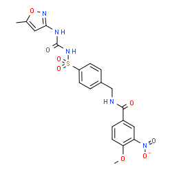 ChemSpider 2D Image | 4-Methoxy-N-(4-{[(5-methyl-1,2-oxazol-3-yl)carbamoyl]sulfamoyl}benzyl)-3-nitrobenzamide | C20H19N5O8S