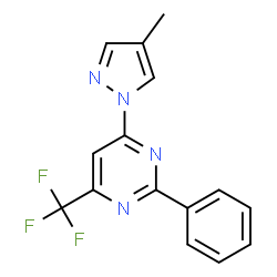 ChemSpider 2D Image | 4-(4-Methyl-1H-pyrazol-1-yl)-2-phenyl-6-(trifluoromethyl)pyrimidine | C15H11F3N4