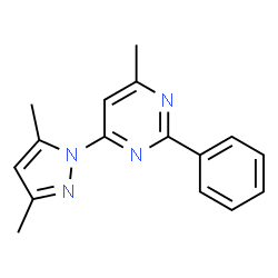ChemSpider 2D Image | 4-(3,5-Dimethyl-1H-pyrazol-1-yl)-6-methyl-2-phenylpyrimidine | C16H16N4
