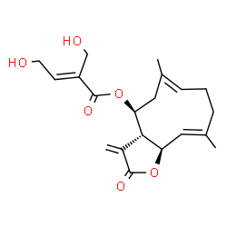 ChemSpider 2D Image | (3aR,4S,10E,11aR)-6,10-Dimethyl-3-methylene-2-oxo-2,3,3a,4,5,8,9,11a-octahydrocyclodeca[b]furan-4-yl (2E)-4-hydroxy-2-(hydroxymethyl)-2-butenoate | C20H26O6