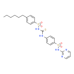 ChemSpider 2D Image | 4-Hexyl-N-{[4-(2-pyrimidinylsulfamoyl)phenyl]carbamothioyl}benzenesulfonamide | C23H27N5O4S3