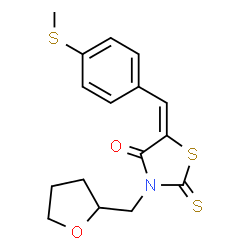 ChemSpider 2D Image | (5E)-5-[4-(Methylsulfanyl)benzylidene]-3-(tetrahydro-2-furanylmethyl)-2-thioxo-1,3-thiazolidin-4-one | C16H17NO2S3