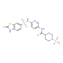 ChemSpider 2D Image | 1-(Methylsulfonyl)-N-(6-{[(2-oxo-2,3-dihydro-1,3-benzoxazol-6-yl)sulfonyl]amino}-3-pyridinyl)-4-piperidinecarboxamide | C19H21N5O7S2