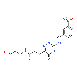 ChemSpider 2D Image | N-(6-{3-[(3-Hydroxypropyl)amino]-3-oxopropyl}-5-oxo-4,5-dihydro-1,2,4-triazin-3-yl)-3-nitrobenzamide | C16H18N6O6