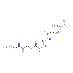 ChemSpider 2D Image | N-(6-{3-[(2-Methoxyethyl)amino]-3-oxopropyl}-5-oxo-4,5-dihydro-1,2,4-triazin-3-yl)-4-nitrobenzamide | C16H18N6O6