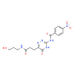 ChemSpider 2D Image | N-(6-{3-[(3-Hydroxypropyl)amino]-3-oxopropyl}-5-oxo-4,5-dihydro-1,2,4-triazin-3-yl)-4-nitrobenzamide | C16H18N6O6