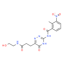 ChemSpider 2D Image | N-(6-{3-[(2-Hydroxyethyl)amino]-3-oxopropyl}-5-oxo-4,5-dihydro-1,2,4-triazin-3-yl)-2-methyl-3-nitrobenzamide | C16H18N6O6