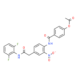 ChemSpider 2D Image | 4-[(4-{2-[(2,6-Difluorophenyl)amino]-2-oxoethyl}-2-nitrophenyl)carbamoyl]phenyl acetate | C23H17F2N3O6